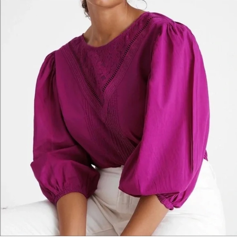 FARM Rio Anthropologie "Kelsie"  Magenta V-Neck Boho Colorful Puff Sleeve Blouse